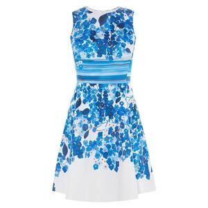 Karen Millen White Blue Floral Fit and Flare Party Dress UK12/US8 Cotton Preppy